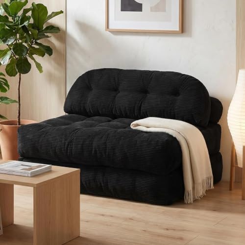 Convertible Corduroy Floor Sofa, 3-in-1 Folding Lazy Sofa Bed with Adjustable Backrest, Soft Bean Bag Chair Lounger for Living Room, Bedroom, Guest Room, Oversized Sleeper Chair - color: Black, size: Full