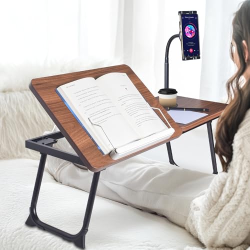 wishacc 28.7" Extra Wide Laptop Lap Desk for Bed and Sofa, Adjustable Bed Desk with Flexible Phone & Tablet Mount, Portable Black Lap Tray Table for Floor Couch Work, 2 Book Clips Included - size: Large