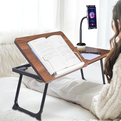 wishacc 28.7" Extra Wide Laptop Lap Desk for Bed and Sofa, Adjustable Bed Desk with Flexible Phone & Tablet Mount, Portable Black Lap Tray Table for Floor Couch Work, 2 Book Clips Included - size: Large
