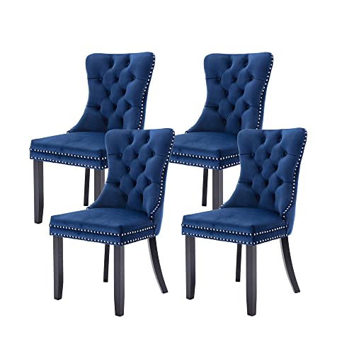 Virabit Blue Dining Chairs Set of 4, Velvet Tufted with Nailhead Back and Ring Pull Trim, Upholstered for Kitchen/Bedroom/Dining Room - color: Blue, size: set of 4