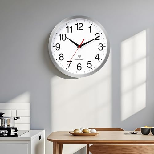 Wall Clock Analog 14 Inch Atomic Battery Operated Silent Clock | Silver, Easy To Read, Non Ticking, Round, Accurate, Kitchen, Living Room, Classroom, Office, School - color: Atomic_silver, size: 14 Inch