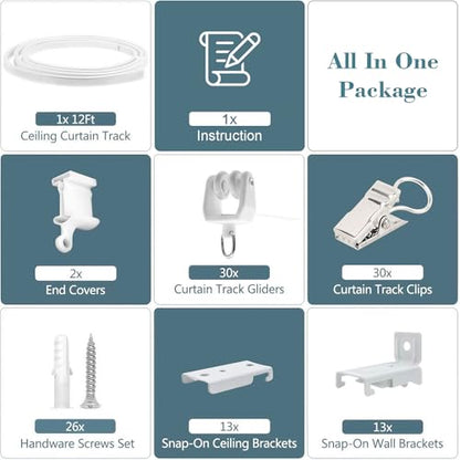 KOLAKO Flexible Bendable Curtain Track Ceiling Wall Mount 12Ft Sliding Ceiling Curtain Track System for RV Bay Shower Curtain Rods, White - color: White, size: 12Ft