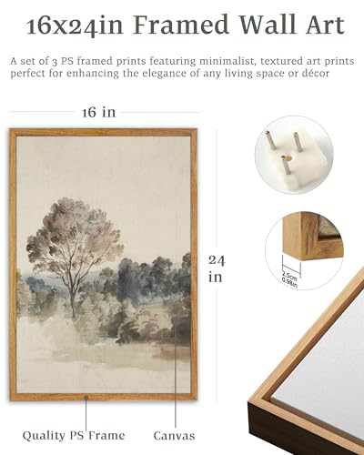 UPWOIGH Neutral Landscape Framed Wall Art, 16 x 24 Inch, Set of 3 | Muted Tree and Countryside Prints, Soft Beige and Gray Tones, Light Wood Frames for Bedroom, Office and Living Room - color: Grey, size: 24"L x 16"W