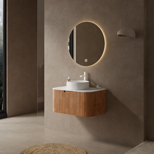 30” Floating Bathroom Vanity with Sink, Fluted Wall-Mounted Solid Wood Cabinet, White Ceramic Round Basin, Faux Marble Top, Soft-Close Drawer, Pre-Assembled, Natural Woodgrain - color: 02 - Natural Woodgrain, size: 30"