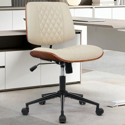 Home Office Desk Chair with Swivel Wheels, Ergonomic Adjustable Height Small Office Chair, Premium PU Leather Armless Computer Chair for Home Office, Reading Meeting Room, Modern Walnut Style (Beige) - color: Mcm Style-beige