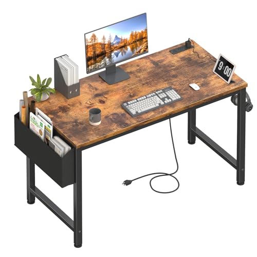 Lufeiya Computer Desk with Power Outlet, 47 inch Teen Study Table Home Office Work Writing Gaming Desks with Charging Station Outlets Built in, Brown - color: Rustic Brown, size: 47.2"