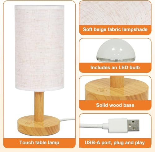 Touch Bedside Table Lamps Set of 2 - Stepless Dimming USB Powered, Minimalist Wood Base Linen Shade, 2700K Warm Night Light for Bedroom Nightstand Nursery Dorm Kitchen Small Spaces(5W LED 50K Hrs)