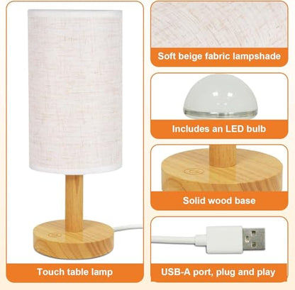 Touch Bedside Table Lamps Set of 2 - Stepless Dimming USB Powered, Minimalist Wood Base Linen Shade, 2700K Warm Night Light for Bedroom Nightstand Nursery Dorm Kitchen Small Spaces(5W LED 50K Hrs)