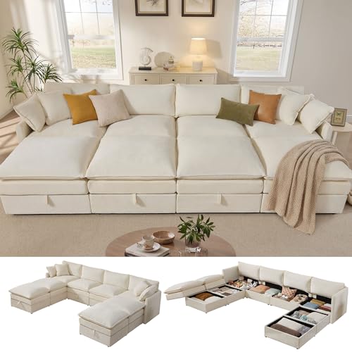 Ihanherry 135” Oversized Sectional Sofa Bed with Storage, 8-Seater Modular Cloud Couch with Movable Ottomans, Chenille Deep Seat Sleeper Couches for Living Room (Beige) - color: Beige, size: 135" Sofa Bed
