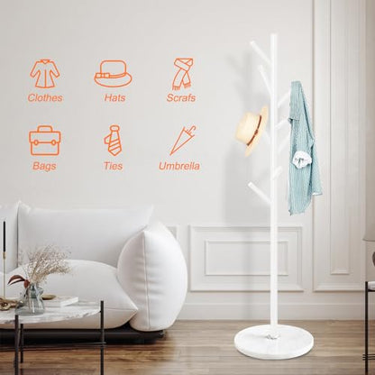 ZOZOE Coat Rack Stand with Marble Base,White Metal Coat Rack Freestanding | Coat Rack with 8 Hooks, Heavy Duty Modern Coat Stand,Clothes Tree Hanger Stand for Bags Hats in Hallway Entryway - color: White