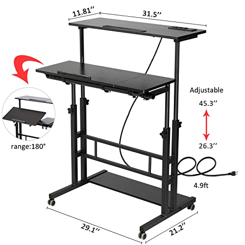 Hadulcet Stand Up Desk, Rolling Desk Adjustable Height, Mobile Standing Desk with Wheels & Charging Station, Portable Stand for Laptop, Rolling Computer Cart TV Tray, Small Standing Desk Drawing Table - color: Black, size: 31.5" With Charging Station