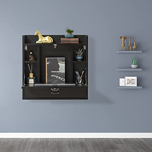 Wall Mounted Folding Desk - Space Saving Fold Down Desk with Storage Shelves and Drawer, Convertible Floating Laptop Table for Small Spaces, Home Office, 23.75 x 6.75 x 23 in, Black - color: Black
