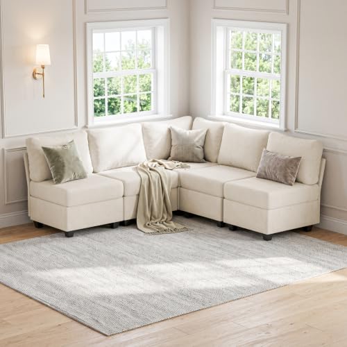Breakfast Nook Bench with Storage, 5 Seats Modular Corner Banquette Seating | Dining Settee Couch, Hidden Storage, Modular L Shaped Upholstered Backrest, Fits Kitchen Dining Nooks, Beige - size: 5 Seats