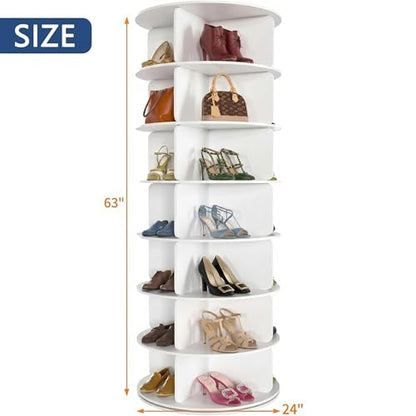 Cushore 7 Tier Rotating Shoe Rack Tower, 360° Spinning Shoe Display Lazy Susan, Tall Revolving Shoe Storage Round Carousel, White - size: 24Inch