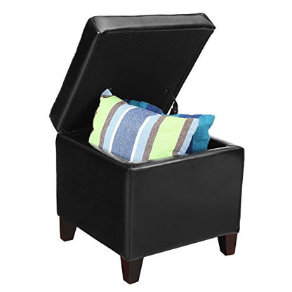 Storage Ottoman, 17" Fuax Leather Square Tufted Footrest Stool with Hinged Lid & Wooden Legs, Extra Seat or Coffee Table for Living Room, Bedroom, Entryway, Black - color: Black Leather