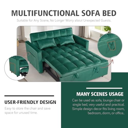 3 In 1 Velvet Convertible Sofa Bed, Pull Out Couch Bed with Reclining Backrest And 2 Pillows, 54" Full Size Loveseat Sleeper Sofa Futon Couch Beds, Couches For Small Spaces, Living Room (Dark Green) - color: Dark Green