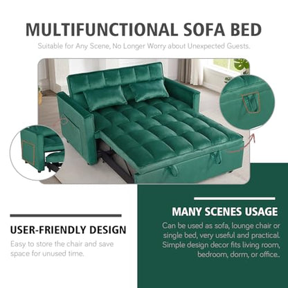 3 In 1 Velvet Convertible Sofa Bed, Pull Out Couch Bed with Reclining Backrest And 2 Pillows, 54" Full Size Loveseat Sleeper Sofa Futon Couch Beds, Couches For Small Spaces, Living Room (Dark Green) - color: Dark Green