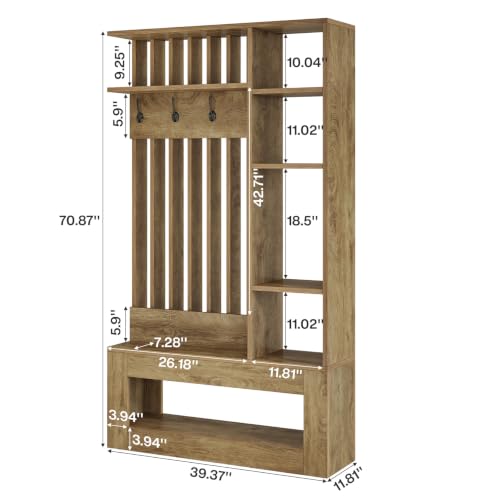 Tribesigns Wall Room Divider with Shelves and Coat Hooks, 5-in-1 Divider | Entryway Bench with Coat Rack, 4 Hooks, Freestanding Room Partition for Home & Office, Brown (39.37" W x 11.8" D x 70.87" H)