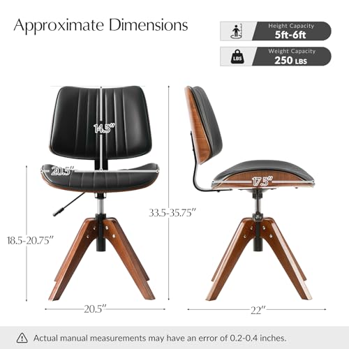 HULALA HOME Faux Leather Home Office Desk Chair No Wheels, Black | Mid-Century Modern Desk Chair with Wood Legs, 360° Swivel Computer Task Chair with Channel-Tufted Backrest, Height Adjustable - color: Black
