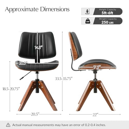HULALA HOME Faux Leather Home Office Desk Chair No Wheels, Black | Mid-Century Modern Desk Chair with Wood Legs, 360° Swivel Computer Task Chair with Channel-Tufted Backrest, Height Adjustable - color: Black