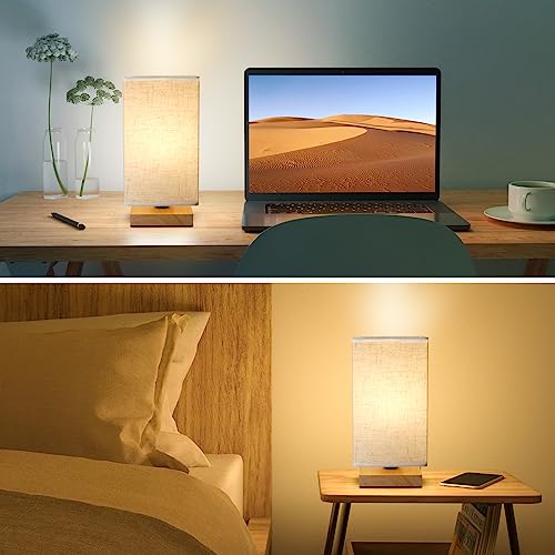 Small Square Bedside Table Lamp for Bedroom, Minimalist Wood Base & Round Fabric Shade, Mini Cute Cozy Warm Nightstand Boho Lamp, Study Desk Night Stand Light for Room, Dorm, Nursery, Living Room - size: Square - Set of 1
