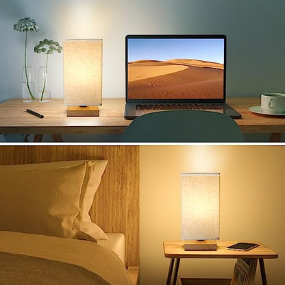 Small Square Bedside Table Lamp for Bedroom, Minimalist Wood Base & Round Fabric Shade, Mini Cute Cozy Warm Nightstand Boho Lamp, Study Desk Night Stand Light for Room, Dorm, Nursery, Living Room - size: Square - Set of 1
