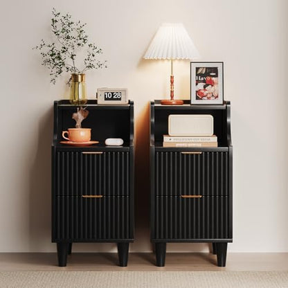 Fluted Nightstands Set of 2,Narrow Bedside Table with 2 Drawers & Storage, Farmhouse Walnut End Table Modern Side Table for Bedroom Livingroom Sofa Office, Small Space - color: Black,11.8" With 2 Drawers