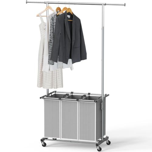 Simple Houseware Laundry Sorter Cart with Hanging Rod, Silver | Extendable Width from 30.6 to 48", Removable 3-Section Laundry Basket - color: Silver