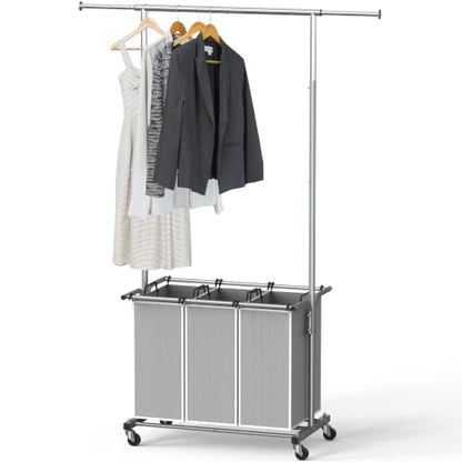 Simple Houseware Laundry Sorter Cart with Hanging Rod, Silver | Extendable Width from 30.6 to 48", Removable 3-Section Laundry Basket - color: Silver