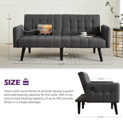 65'' Convertible Futon Sofa Bed with USB, Small Couch for Living Room | Sleeper Sofa, Adjustable Folding Couch with Tufted Design and 2 USB Ports, Bedroom Apartment Office, Dark Grey - color: Dark Grey