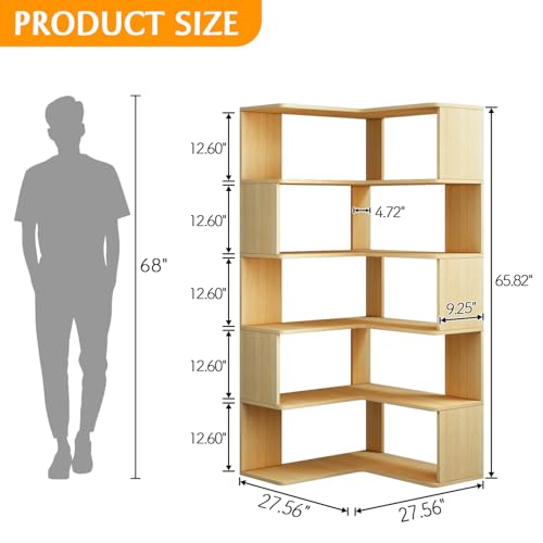IOTXY 6-Tier L-Shaped Corner Bookshelf - 66" Tall Wooden Freestanding Bookcase with Open Shelf Units, Oak - color: Oak