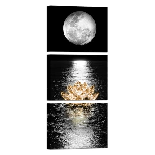 Artmyharbor 3 Pieces Vertical Black White Full Moon Wall Art | 12x16 Inches, Golden Lotus Moon Phase Landscape Print, Bedroom Office Apartment Decor