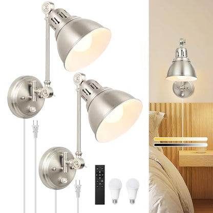2 Pack Plug in Wall Sconces with Remote Control, Dimming, Adjustable Colors 2700K-6500K, Swing Arm Wall Lamps with Night Light & Timer, Plug-in or Hardwired, LED Bulbs Included, Brushed Nickel - size: Brushed Nickel-2 PACK(Bulbs+Remote)