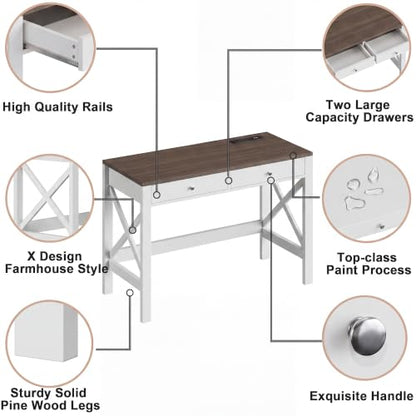 ChooChoo 40 Inches Farmhouse Computer Desk with 2 Drawers & Power Outlets | Wooden Writing Desk, Study Desk for Home Office, Makeup Vanity, Soft White - color: Soft White, size: 40inch with Power Outlet