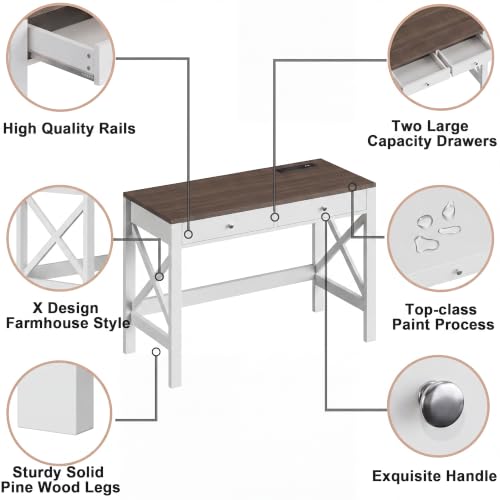 ChooChoo 40 Inches Farmhouse Computer Desk with 2 Drawers & Power Outlets | Wooden Writing Desk, Study Desk for Home Office, Makeup Vanity, Soft White - color: Soft White, size: 40inch with Power Outlet