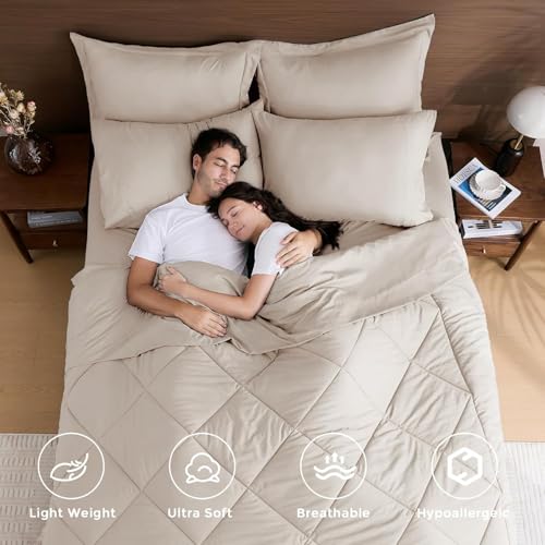 7-Piece Oversized Queen Comforter Set, Beige | Reversible, All-Season, Soft, 7 Piece Set, All-Season Reversible Bed in a Bag, Flat Sheet, Fitted Sheet, Pillowcases - color: Beige, size: Oversized Queen