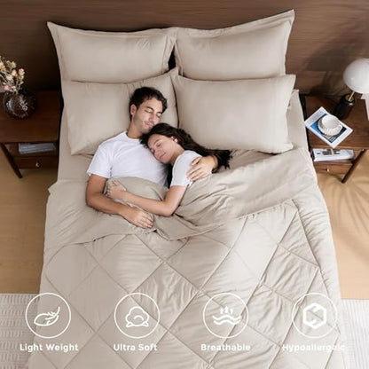 7-Piece Oversized King Comforter Set, Beige | Reversible, All-Season, Soft, 7 Piece Set, All-Season Reversible Bed in a Bag, Flat Sheet, Fitted Sheet, Pillowcases - color: Beige, size: Oversized King