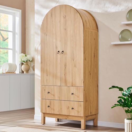 IFGET Fluted Arched Pantry Cabinet, 71" Tall Kitchen Storage Pantry Cabinet with Adjustable Shelves and 2 Large Drawers, Freestanding Morden Versatile Cupboard for Living Room, Bathroom, Natrual - color: Natural