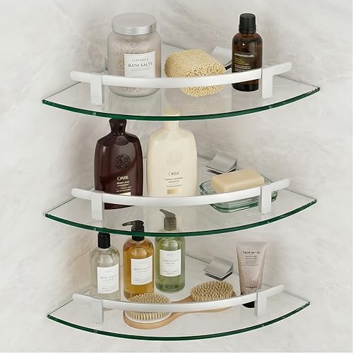 Glass Corner Shelf for Bathroom Corner Shelf, 3 Pack Tempered Glass Shelf with Silver Metal Rails,Suitable for Bathroom - color: Silver