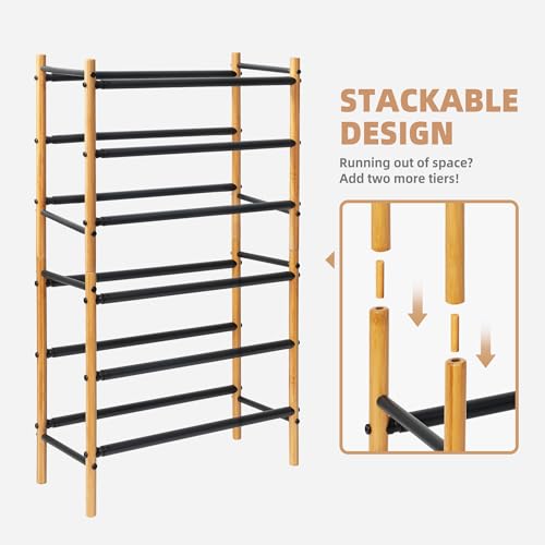 Storage MANIAC Expandable Shoe Rack, 12 Pairs Stackable Small Shoe Rack, Metal Adjustable Shoes Organizer for Closet, Entryway, Hallway, Garage, Front Door, Shoes Shelves, Bamboo 3 Tier - size: 3 Tier