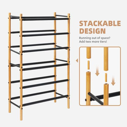Storage MANIAC Expandable Shoe Rack, 12 Pairs Stackable Small Shoe Rack, Metal Adjustable Shoes Organizer for Closet, Entryway, Hallway, Garage, Front Door, Shoes Shelves, Bamboo 3 Tier - size: 3 Tier