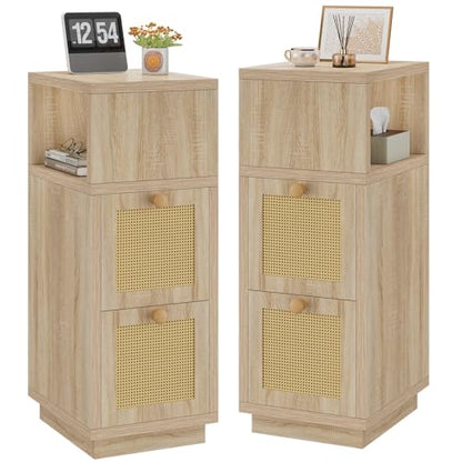 YMYNY Rattan Nightstands Set of 2, Boho Bedside Table with Open Shelf, 2 Drawers, 9.45" x 11.42" x 25.59", Narrow Side Table, Bedside Cabinet for Bedroom and Small Spaces, Natural UHST017N-2 - color: Natural