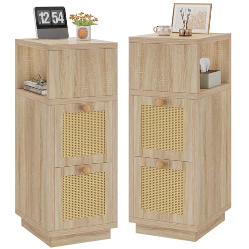 YMYNY Rattan Nightstands Set of 2, Boho Bedside Table with Open Shelf, 2 Drawers, 9.45" x 11.42" x 25.59", Narrow Side Table, Bedside Cabinet for Bedroom and Small Spaces, Natural UHST017N-2 - color: Natural