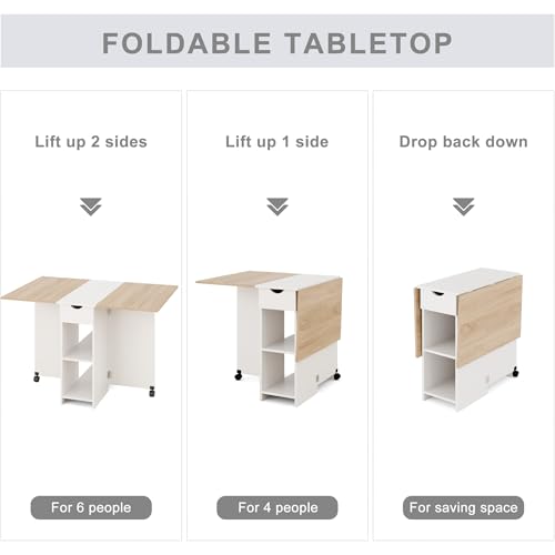 Mondeer Folding Dining Table with Drawer and Shelves, Oak & White | Drop Leaf Kitchen Table with 1 Drawer and 2 Storage Shelves in Modern Style for Small Spaces and Seats 4-6 People. - color: Oak & White