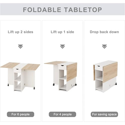 Mondeer Folding Dining Table with Drawer and Shelves, Oak & White | Drop Leaf Kitchen Table with 1 Drawer and 2 Storage Shelves in Modern Style for Small Spaces and Seats 4-6 People. - color: Oak & White