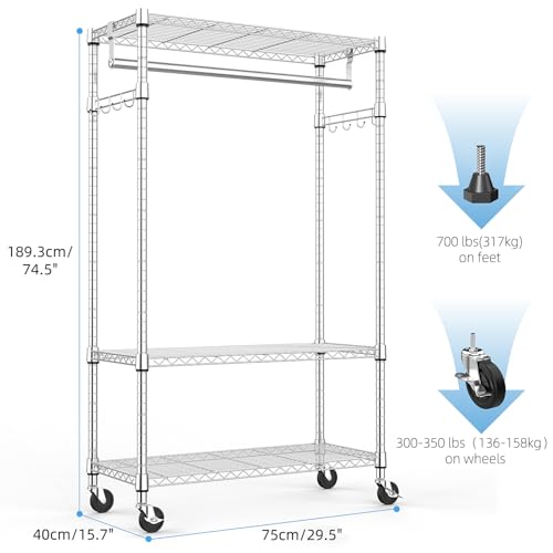 M MZG Heavy Duty Rolling Garment Rack 3 Tiers Adjustable Wire Shelving Clothes Rack with Rods and Side Hooks,Storage Closet Clothing Rack with Wheels Chrome 15.7" D x 29.5" W x 74.5" H - color: Chrome, size: 3 Tier with 1 rod, 15.7"D x 29.5"W x 74.5"H