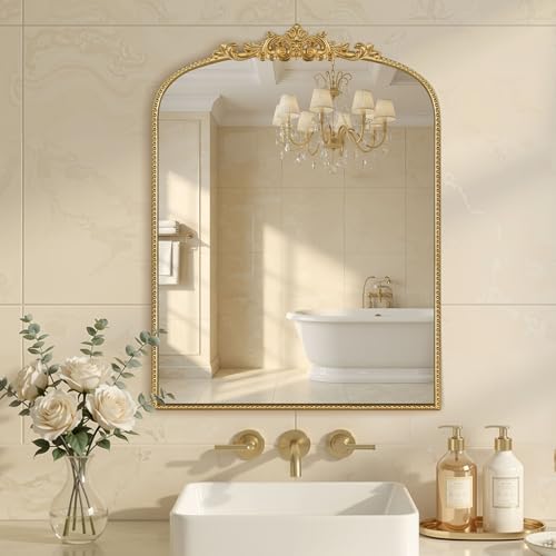 Gold Vintage Mirror 24''x32'' Laurel Leaf Beaded Mirror | Metal Frame,Vertical Vanity Mirror, Antique Decorative Mirror for Bathroom, Bedroom, Entryway, Living Room,HD Tempered Glass - color: Gold, size: 32"L x 24"W