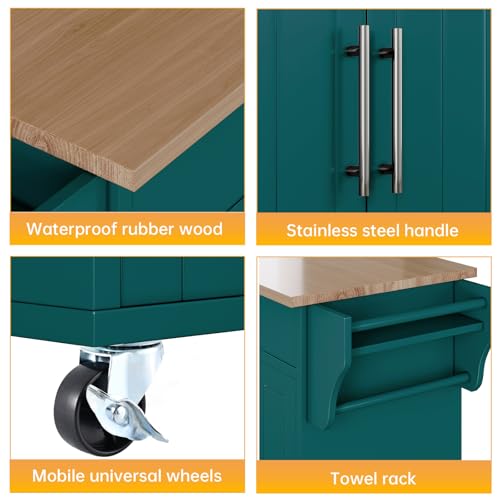 Kitchen Storage Island, Wooden Rolling Island On Wheels with Wood Top, Mobile Kitchen Island Cart with Towel Rack, Spice Rack and Drawers, Green - color: Green