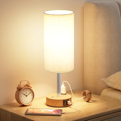 Touch Bedside Table Lamp for Bedroom, Stepless Dimmable, USB A+C, AC Outlet | Base Touch Button Only, Memory Brightness, Ultra-dim Night Light, Included Bulb for Optimal Dimming, Wood Grain Base, Nursery - color: Beige & Wood Grain
