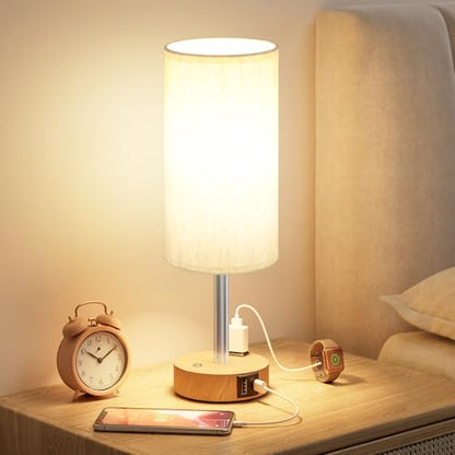 Touch Bedside Table Lamp for Bedroom, Stepless Dimmable, USB A+C, AC Outlet | Base Touch Button Only, Memory Brightness, Ultra-dim Night Light, Included Bulb for Optimal Dimming, Wood Grain Base, Nursery - color: Beige & Wood Grain
